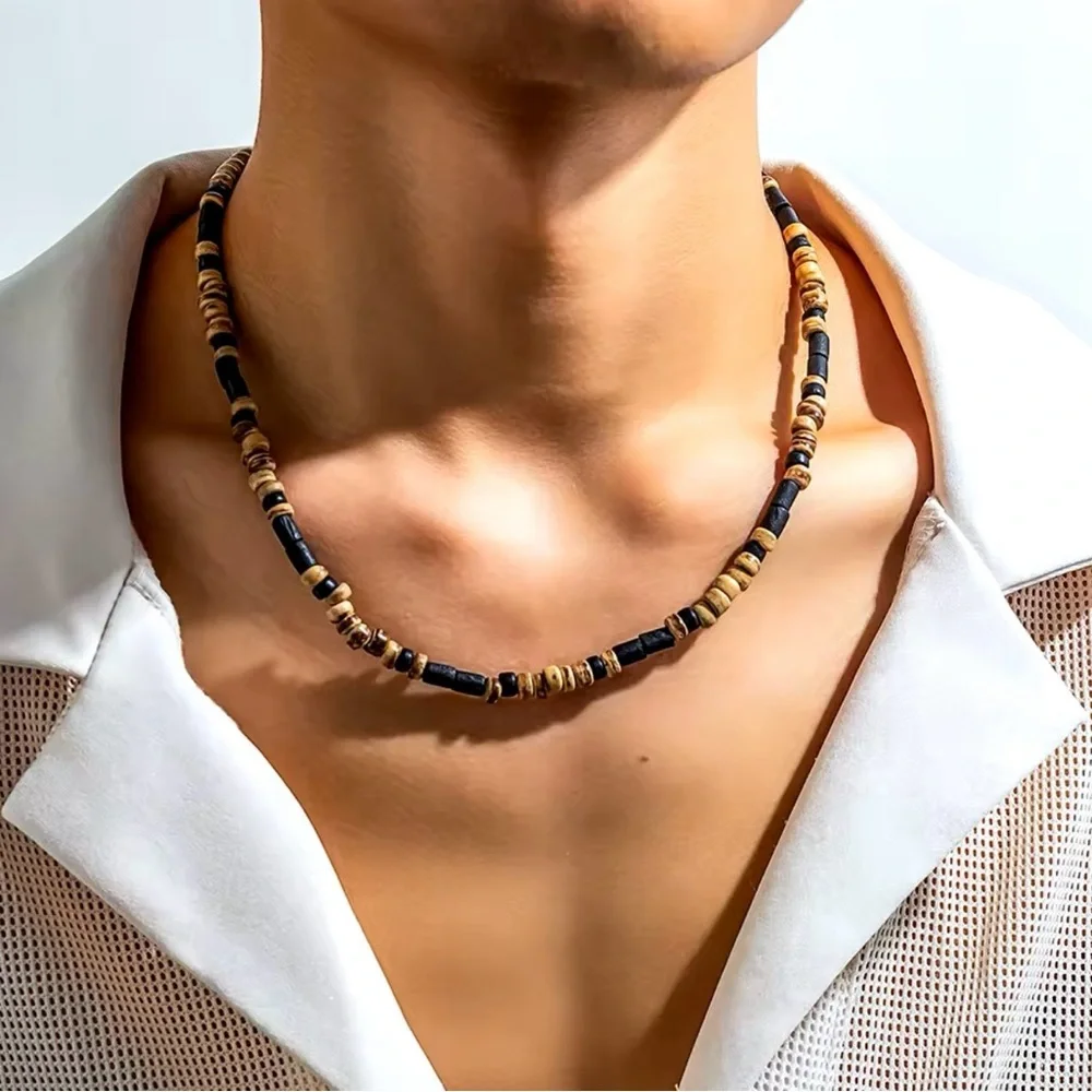 Brown and Black Small Beaded Chain Necklace Men Trendy Wood Beads